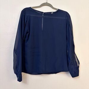 Yi Lu Sheer Blouse Chiffon Scoop Neck Long Sleeve Navy Blue Large